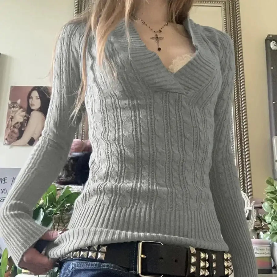 Knitted Hooded Sweater - Grey / S