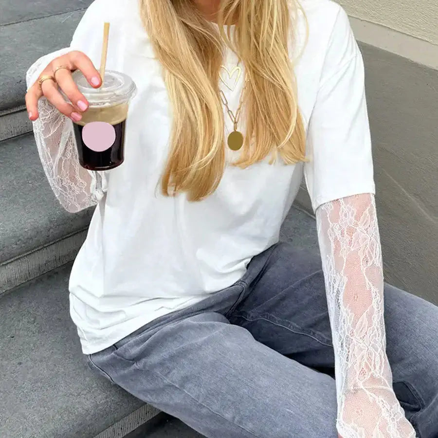 Lace Sleeve Shirt - White / S