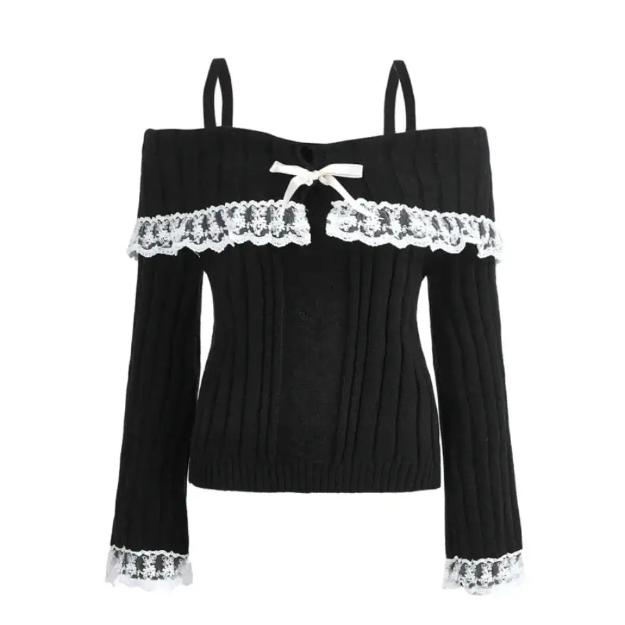 Lace Trim Off Shoulder Sweater - Black / S