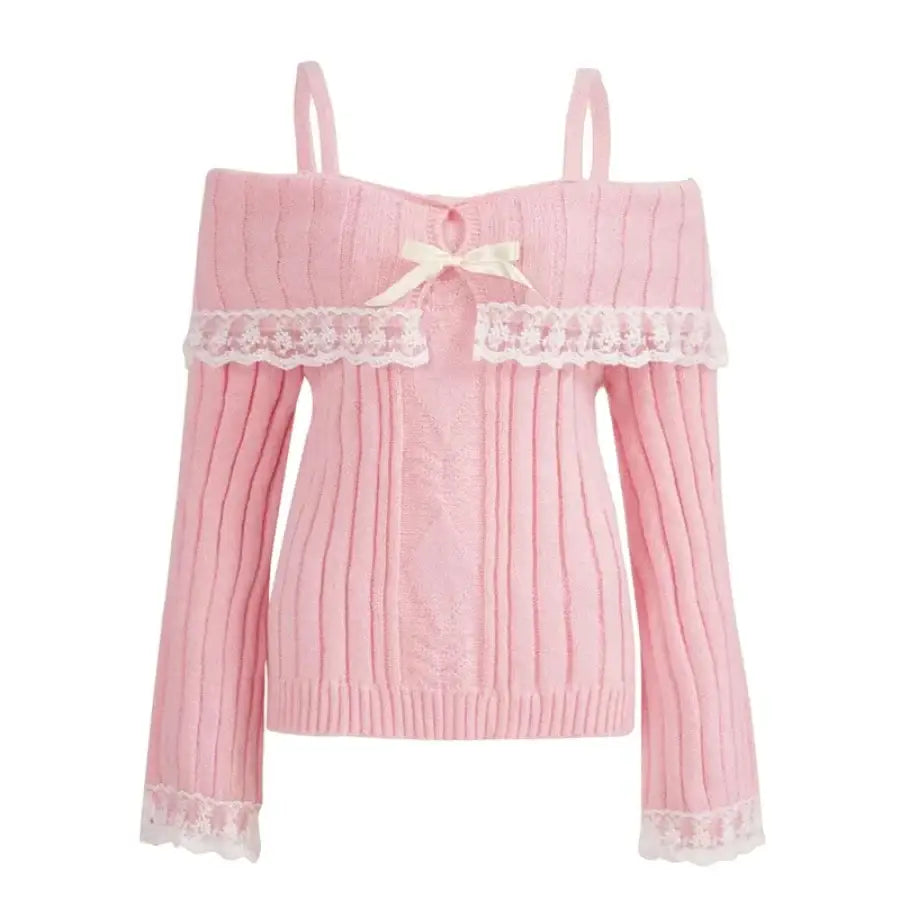 Lace Trim Off Shoulder Sweater - Pink / S
