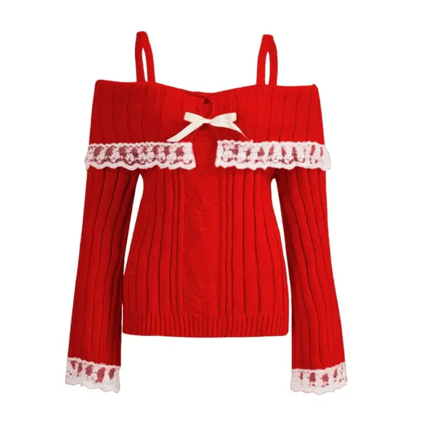 Lace Trim Off Shoulder Sweater - Red / S