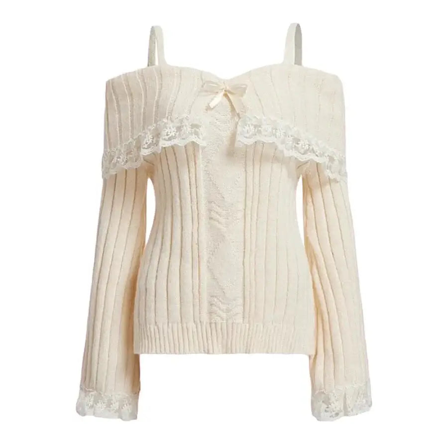 Lace Trim Off Shoulder Sweater - White / S