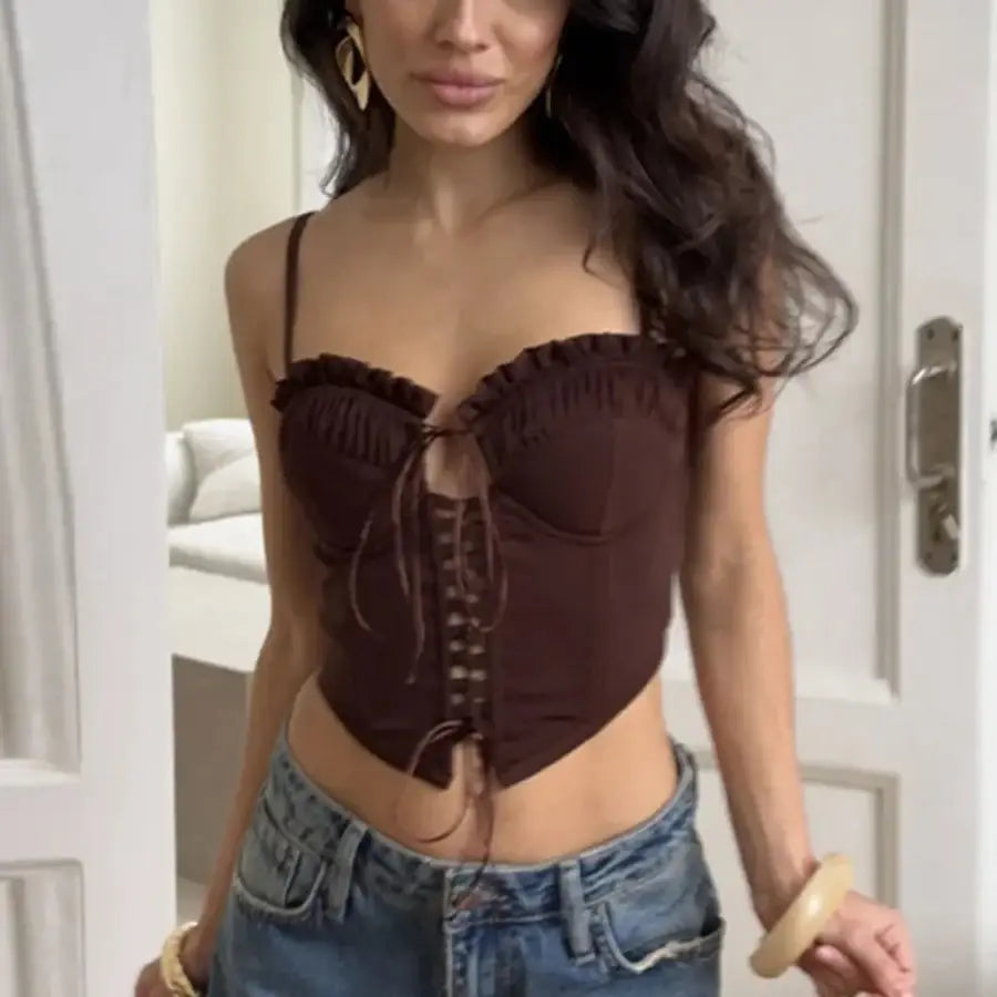 Lace Up Corset Top - Brown / S