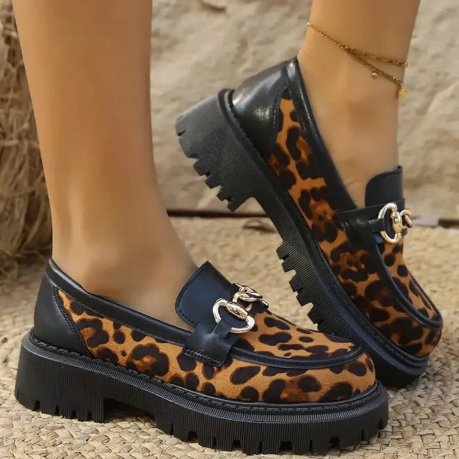 Leopard Platform Loafers - Black / 4