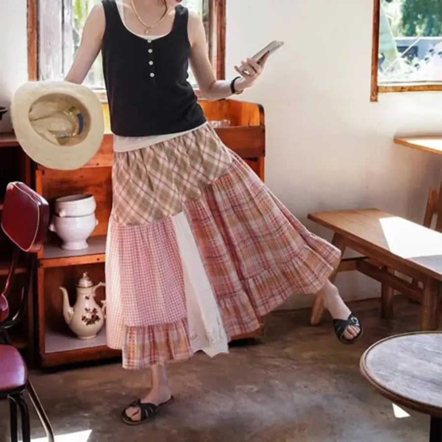 Long Patchwork Skirt Pink / S