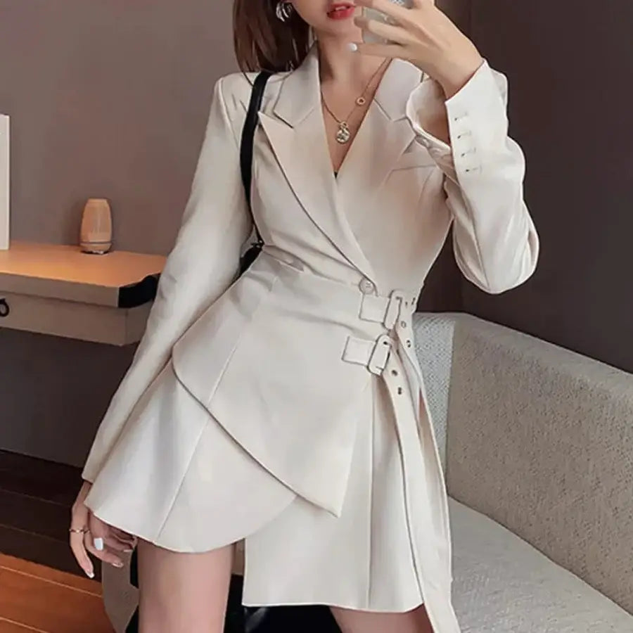 Long Sleeve Blazer Dress - Beige / S