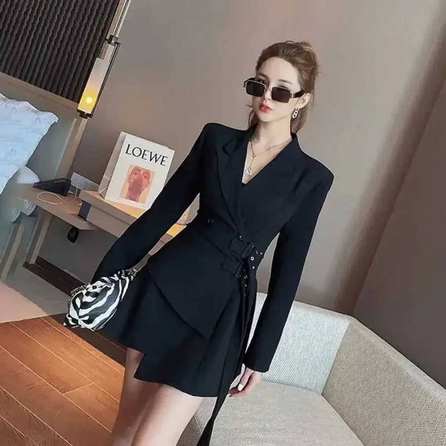 Long Sleeve Blazer Dress - Black / S