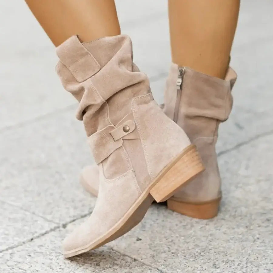 Low Heel Suede Ankle Boots - Apricot / 6