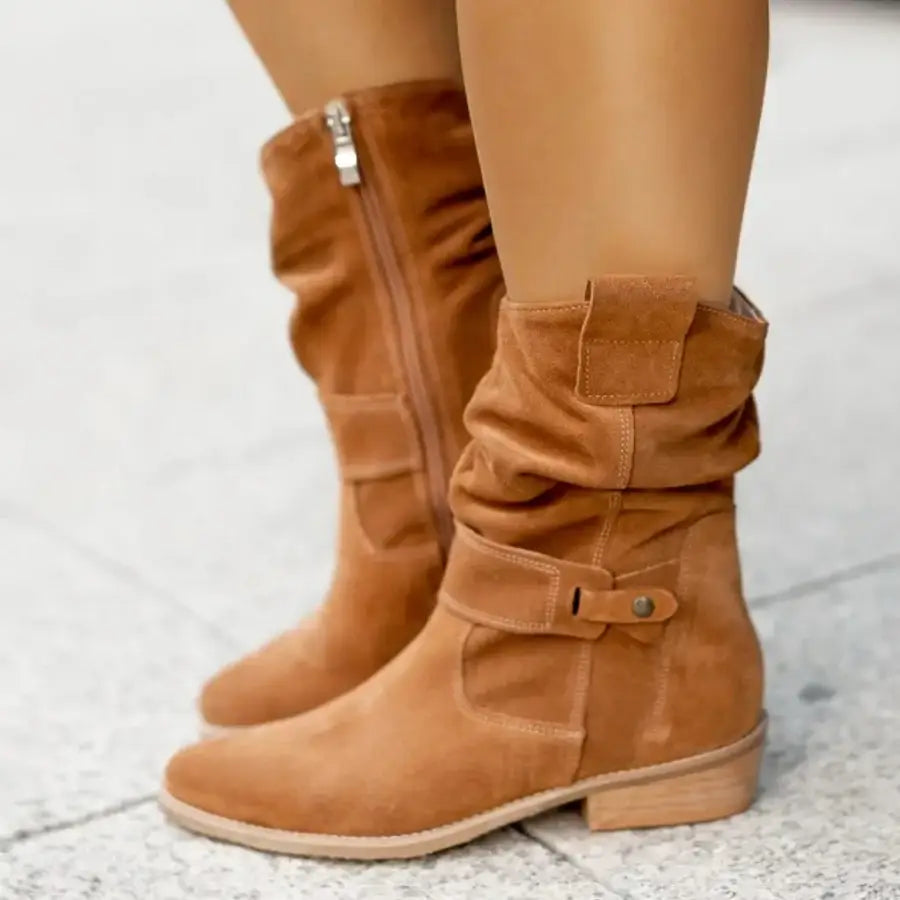 Low Heel Suede Ankle Boots - Brown / 6