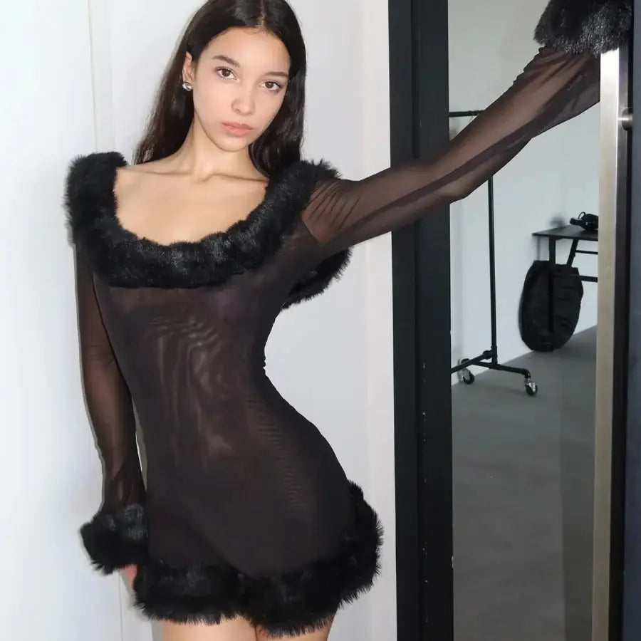 Mesh Long Sleeve Faux Fur Dress
