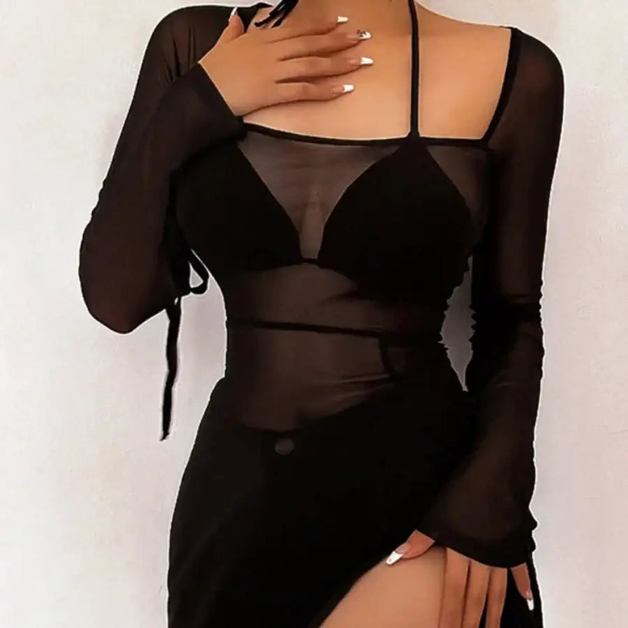 Mesh Long Sleeve Mini Dress - Black / S