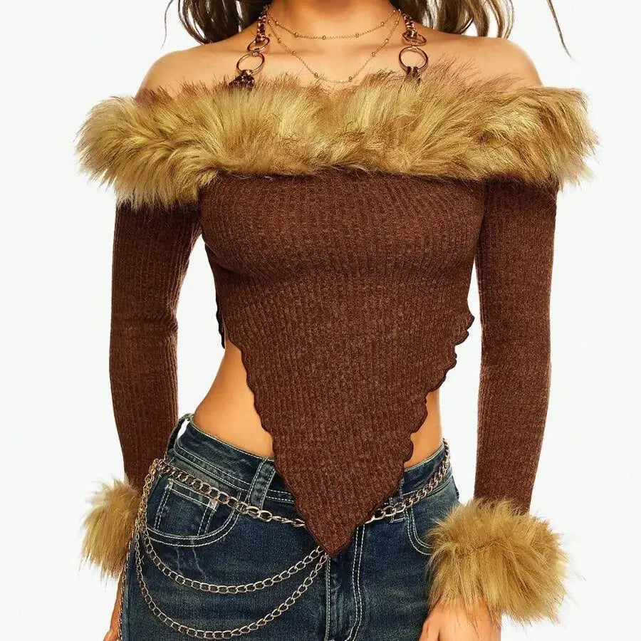 Off The Shoulder Fur Top - Brown / S