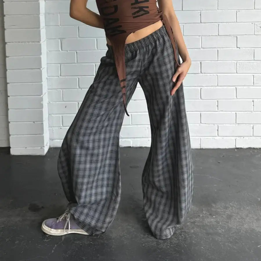 Oversized Checkered Pants - Grey / S