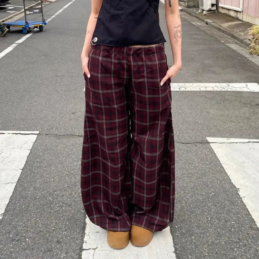 Oversized Checkered Pants - Red / S