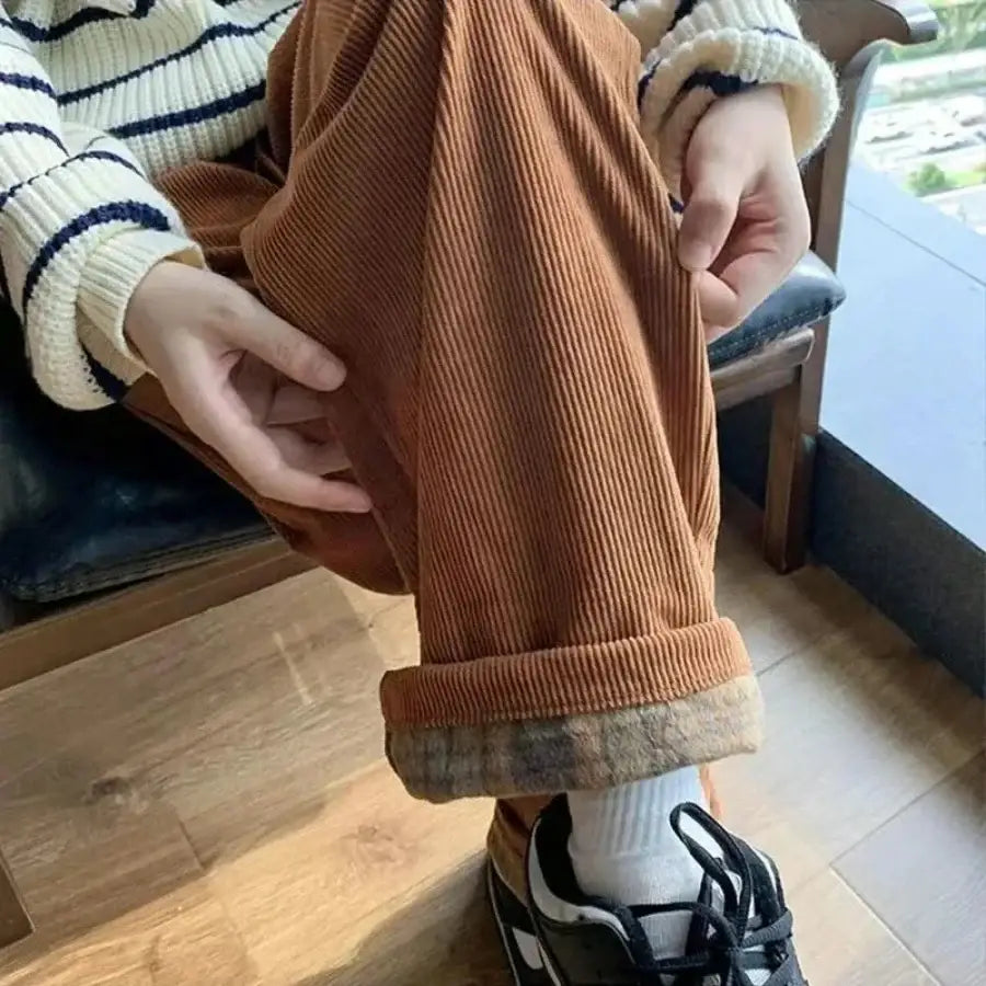 Plaid Corduroy Pants - Brown / M