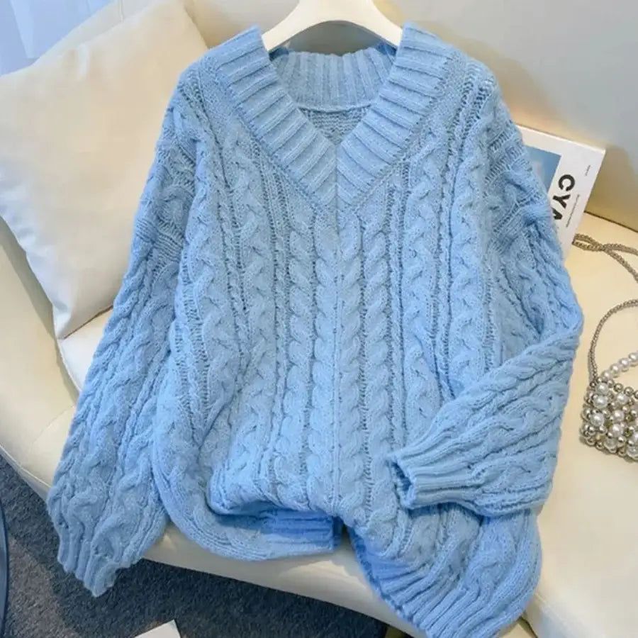 Plain Cable Knitted Sweater - Blue / S