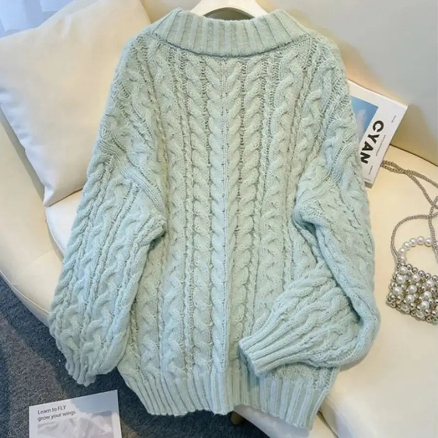 Plain Cable Knitted Sweater - Green / S