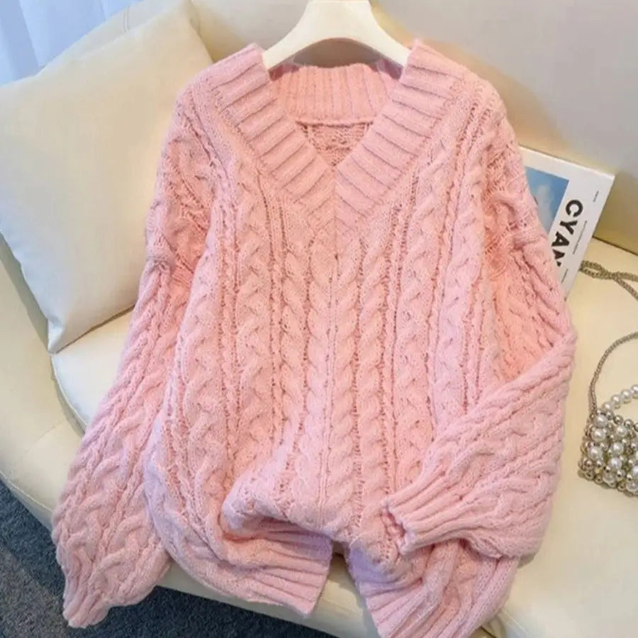 Plain Cable Knitted Sweater - Pink / S