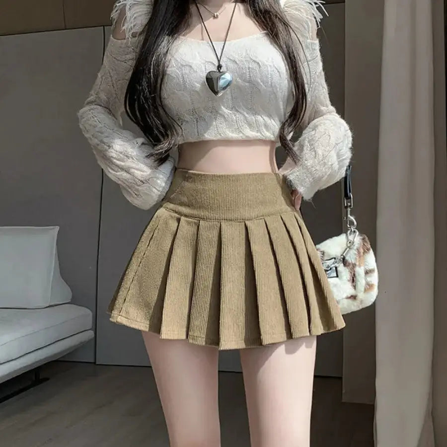 Pleated Corduroy Skirt - Beige / XS