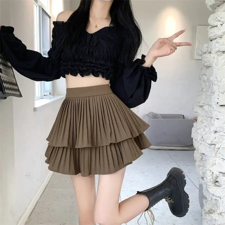 Pleated Tiered Skirt - Brown / S