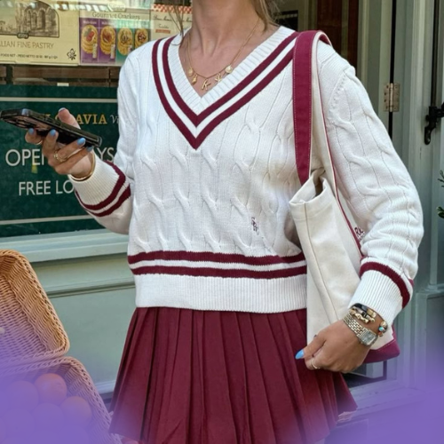 woman wearing white preppy sweater
