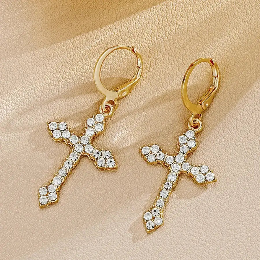 Rhinestone Cross Earrings - Gold