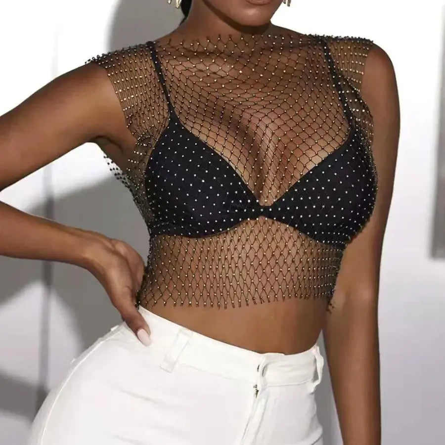 Rhinestone Mesh Top - Black