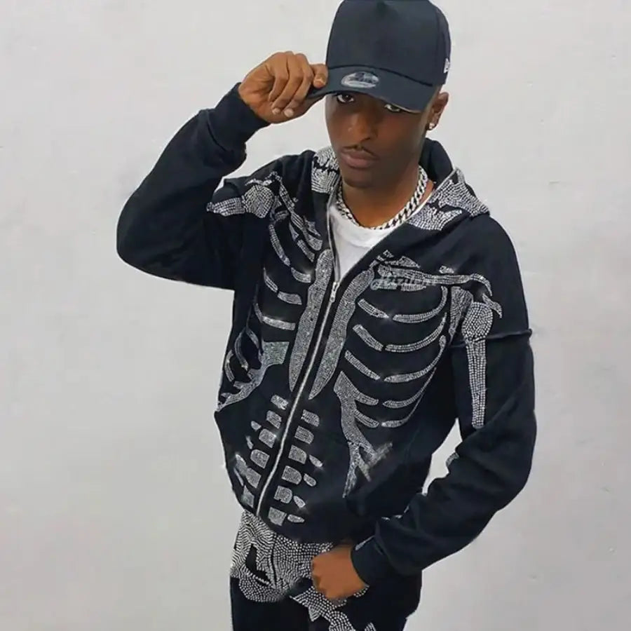 Rhinestone Skeleton Hoodie - Black / S