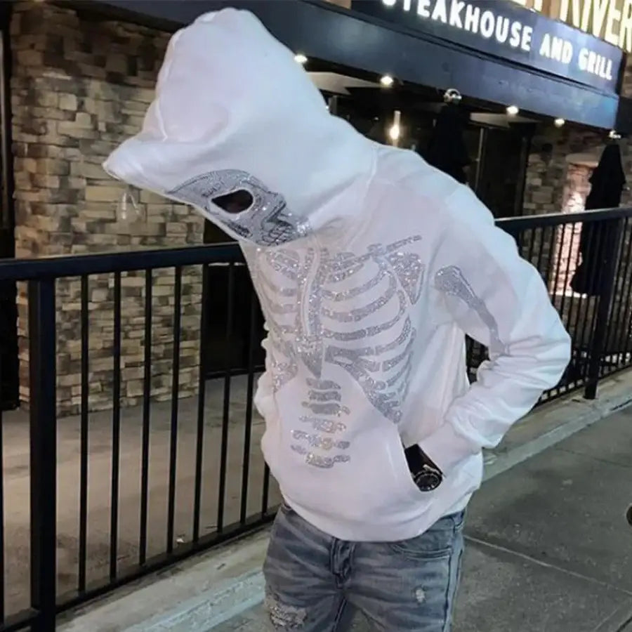 Rhinestone Skeleton Hoodie - White / S