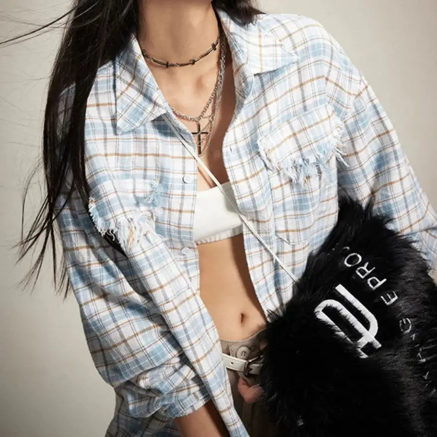 Ripped Style Checkered Shirt - Blue / M