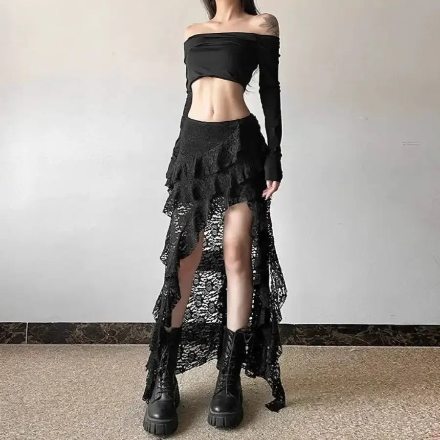 Ruffle Slit Skirt - Black / S