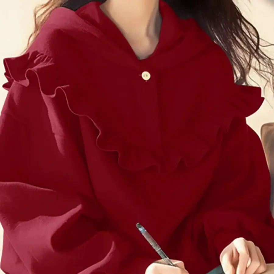 Ruffled Hoodie - Red / S