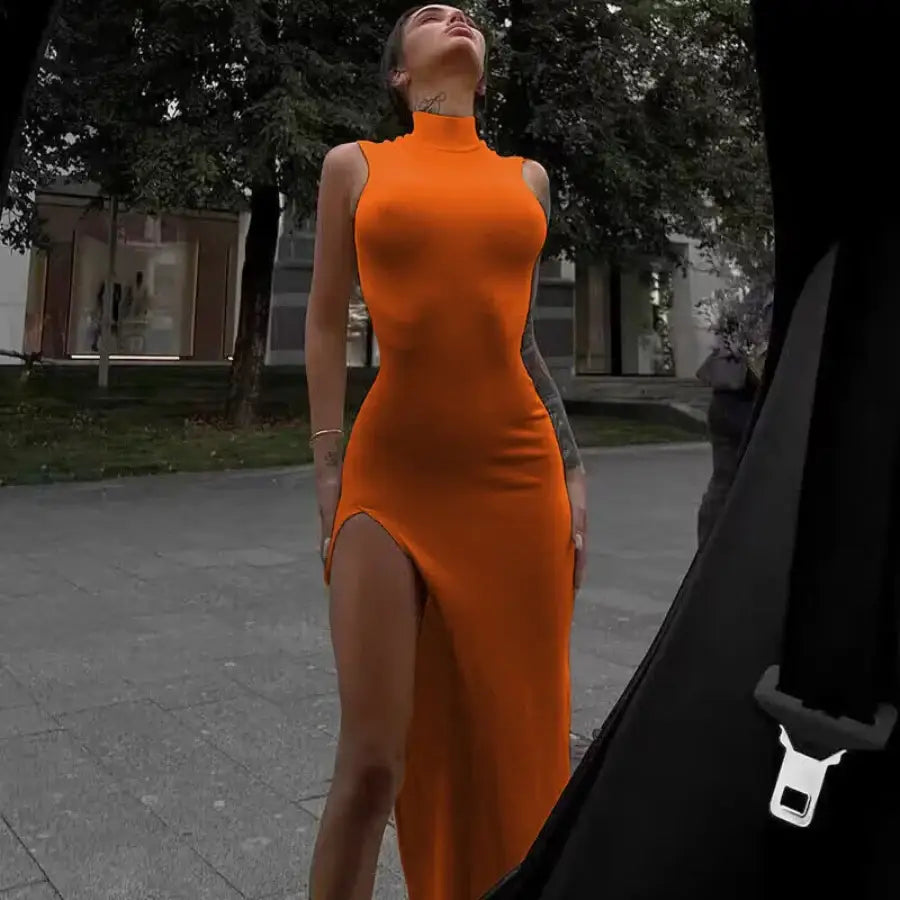 Sleeveless Turtleneck Bodycon Dress - Orange / S