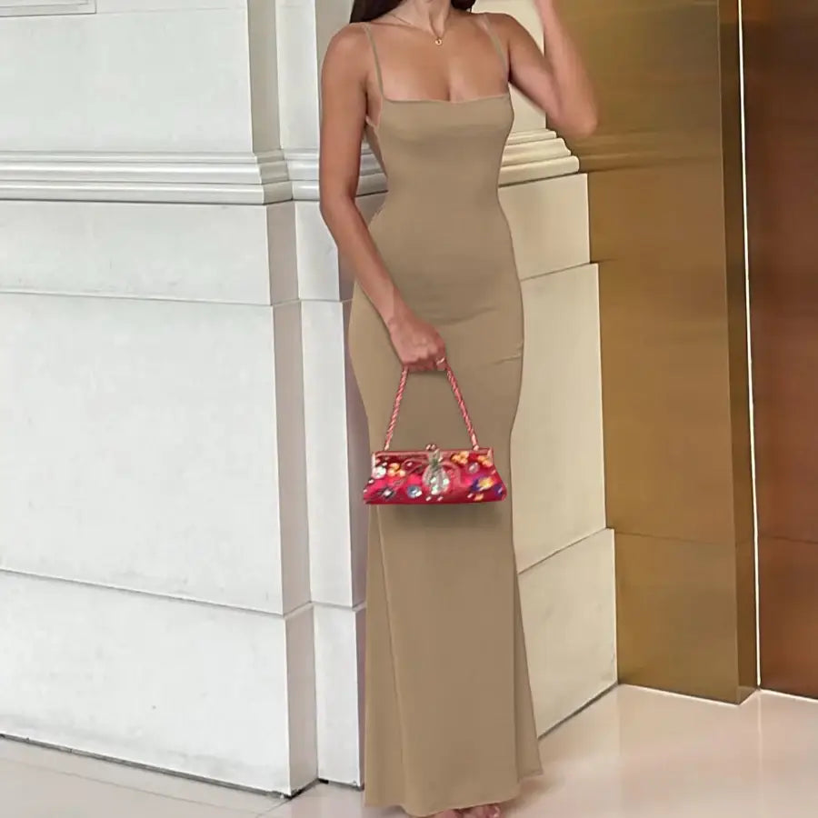 Spaghetti Strap Bodycon Dress - Beige / XS