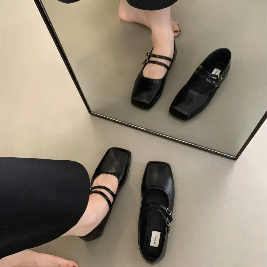 Square Toe Ballerina Shoes - Black / 5.5