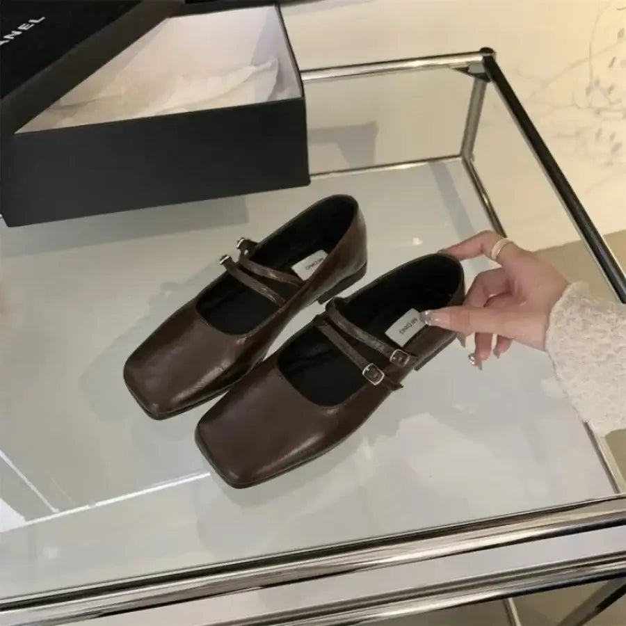 Square Toe Ballerina Shoes - Brown / 5.5