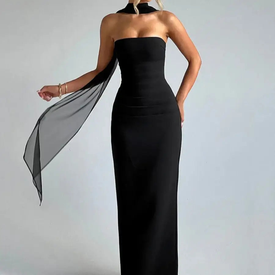 Strapless Dress With Neck Scarf - Black / S