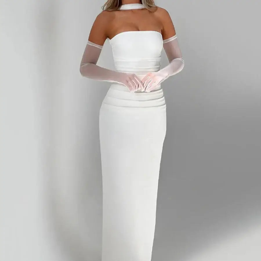 Strapless Dress With Neck Scarf - White / S