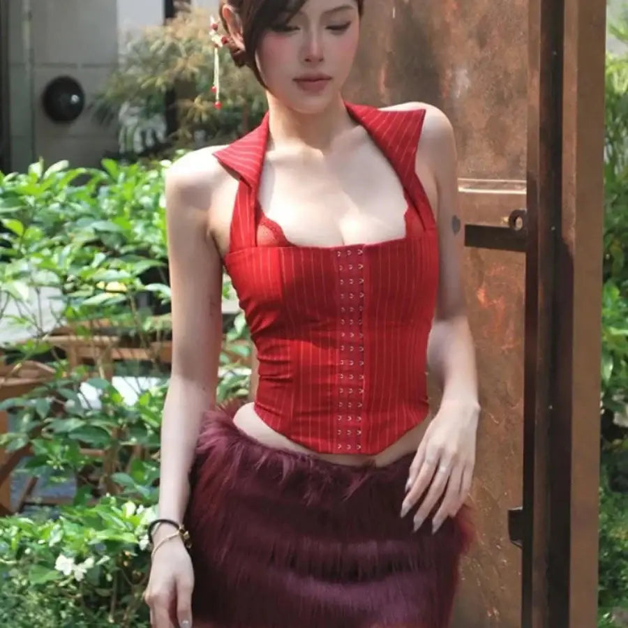 Striped Corset Top - Red / S