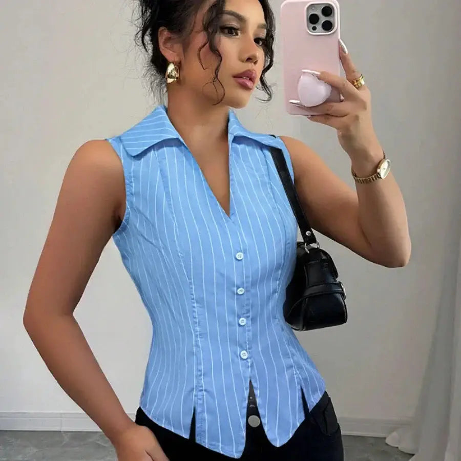 Striped Sleeveless Shirt - Blue / S