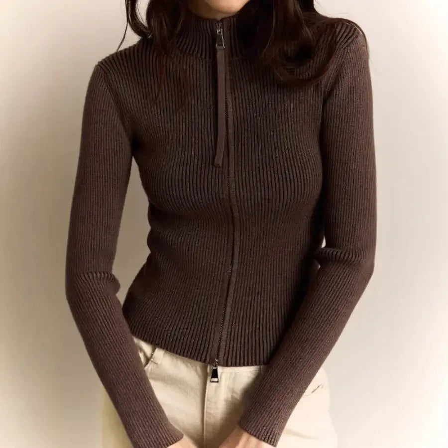 Turtleneck Double Zip Sweater - Brown / S