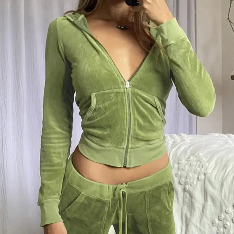 Velvet Zip Up Hoodie - Green / S