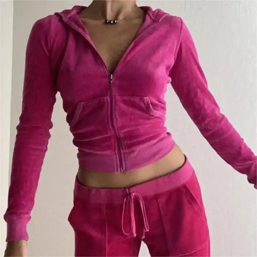 Velvet Zip Up Hoodie - Pink / S