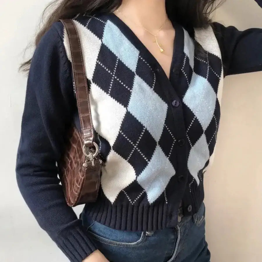 Vintage Argyle Cardigan - Blue / One Size