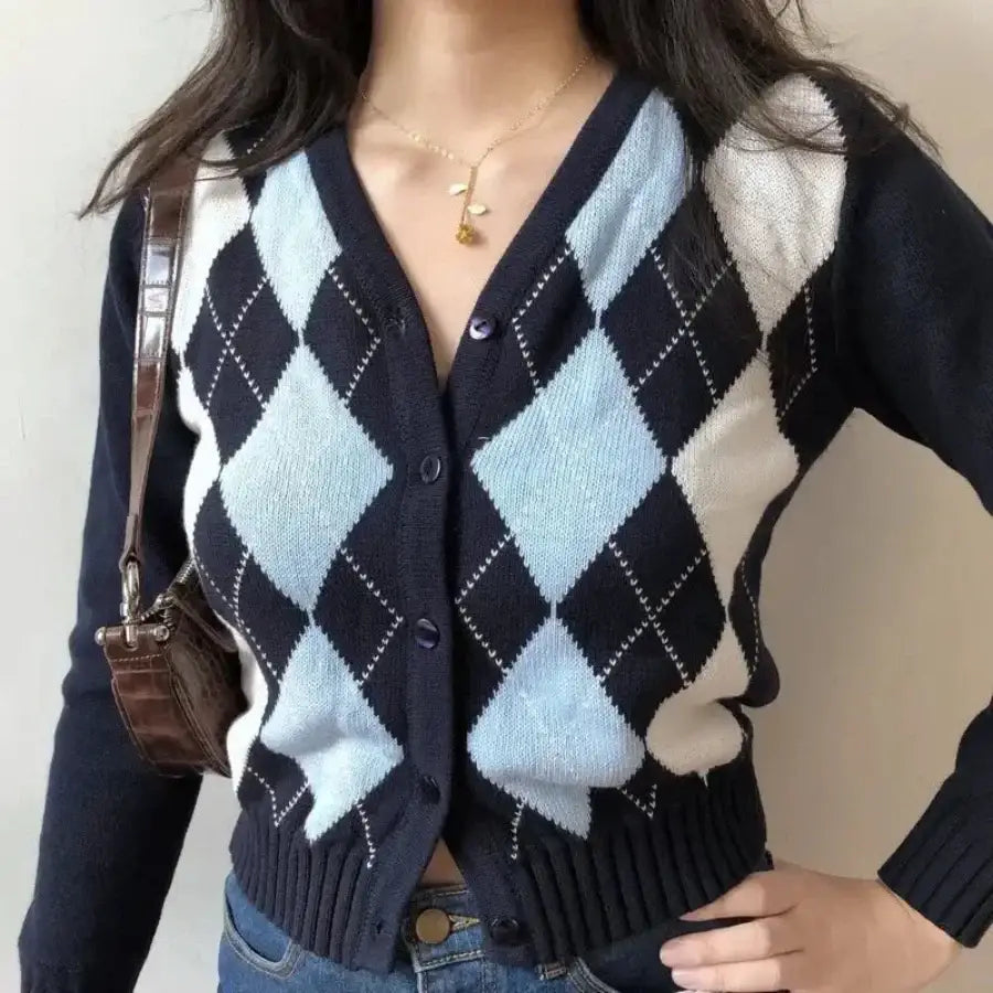 Vintage Argyle Cardigan - Blue / One Size