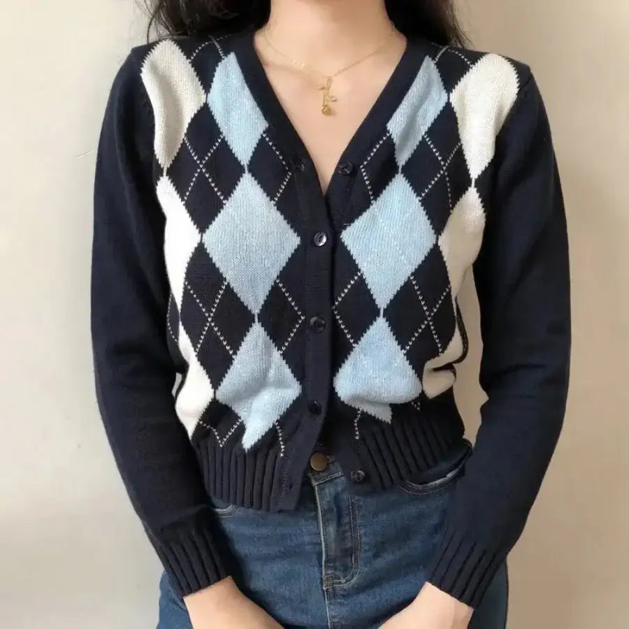 Vintage Argyle Cardigan - Blue / One Size