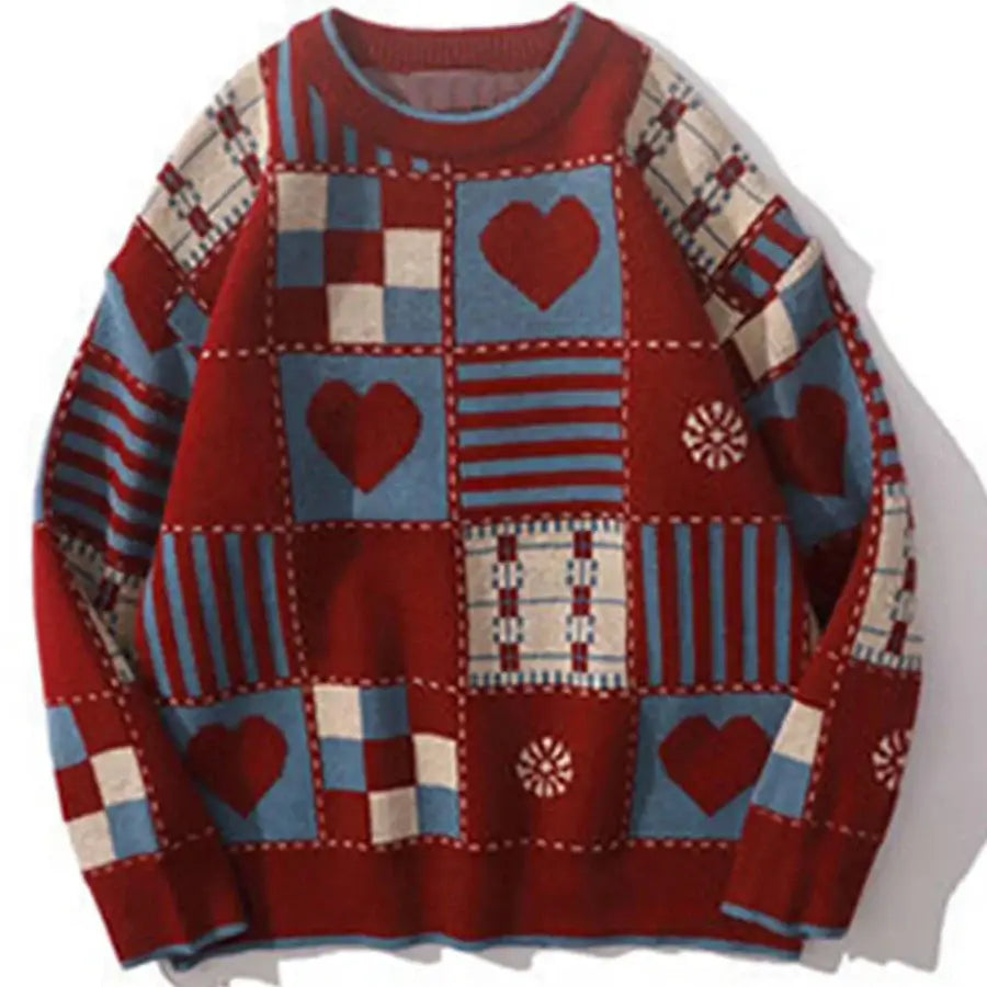 Vintage Heart Pattern Sweater - Red / S