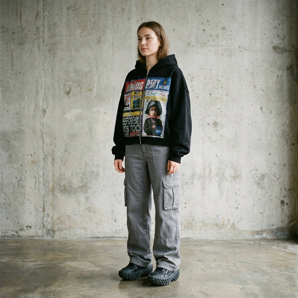Woman wearing the black War for Khaus oversized zip hoodie with newspaper-collage print