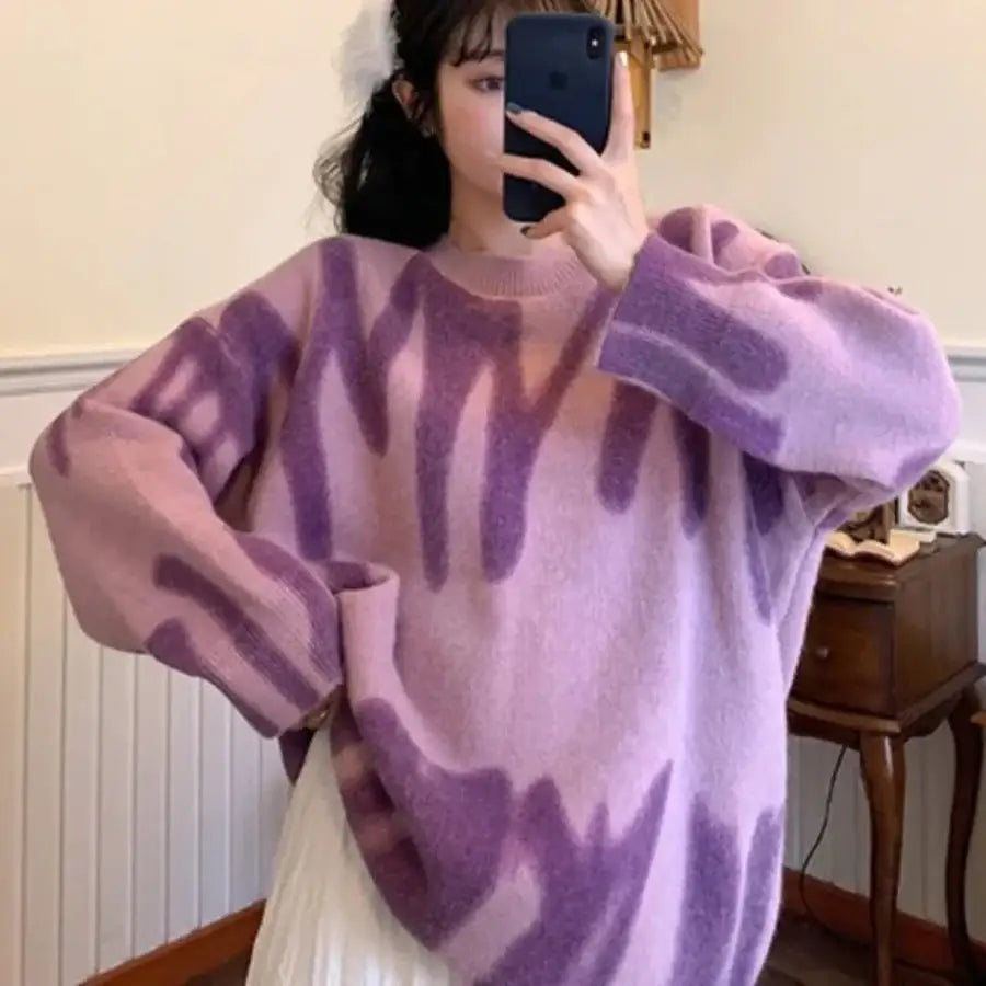 Wave Print Knit Sweater - Purple / One Size