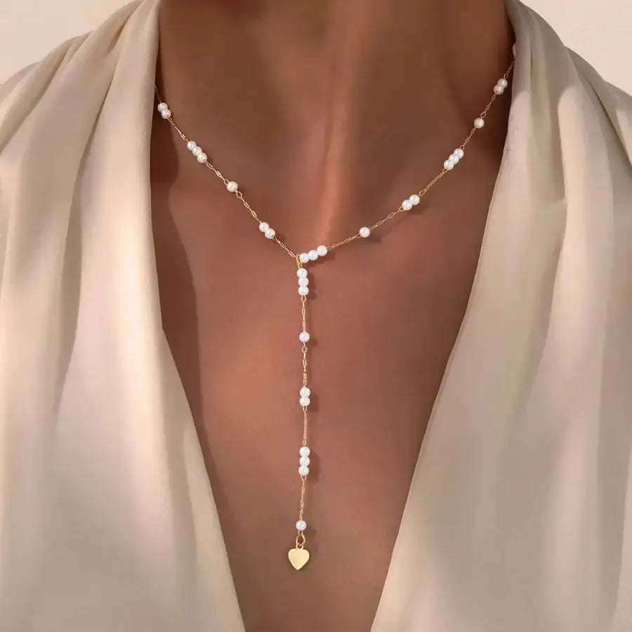 Y Shaped Pearl Necklace Gold